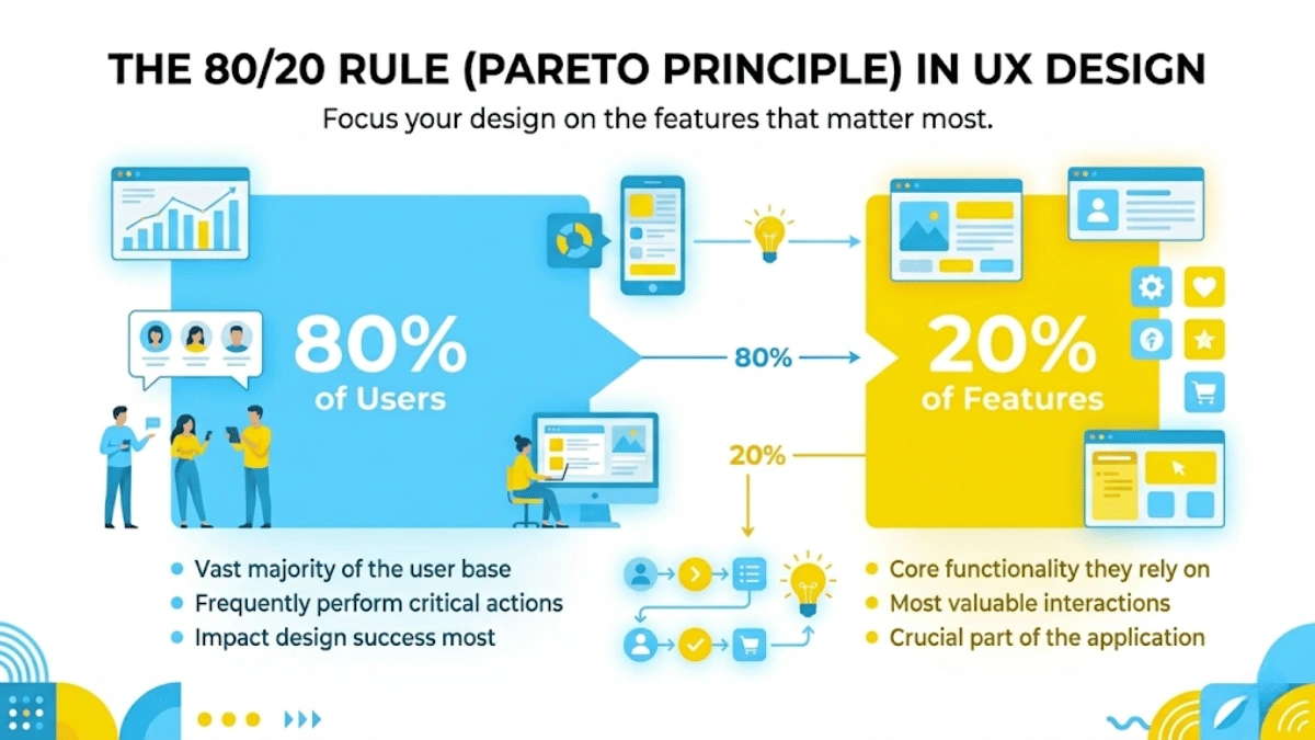 The 80 20 rule in UX design showing 80 percent of users use only 20 percent of product features Pareto Principle applied to SaaS.