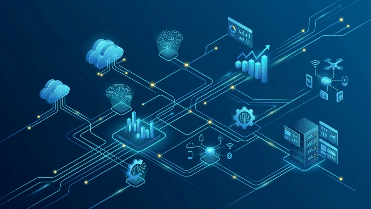 Digital transformation ecosystem showing AI, cloud computing, automation, and data analytics connected through enterprise systems