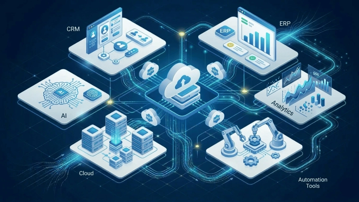 Digital transformation platform connecting CRM, ERP, AI, analytics, and cloud systems
