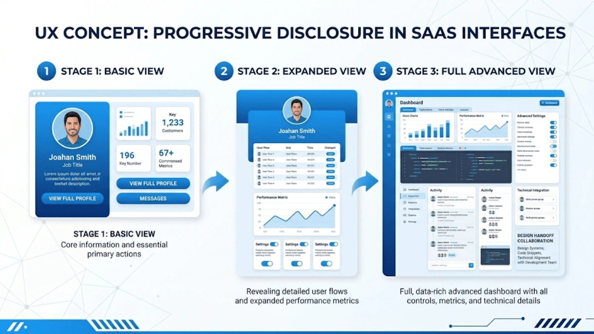 Progressive disclosure UX design pattern showing how SaaS interfaces reveal features gradually to reduce cognitive overload.