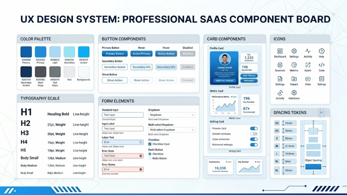 Design system components for SaaS product showing reusable UI components design tokens color palette typography and pattern library.