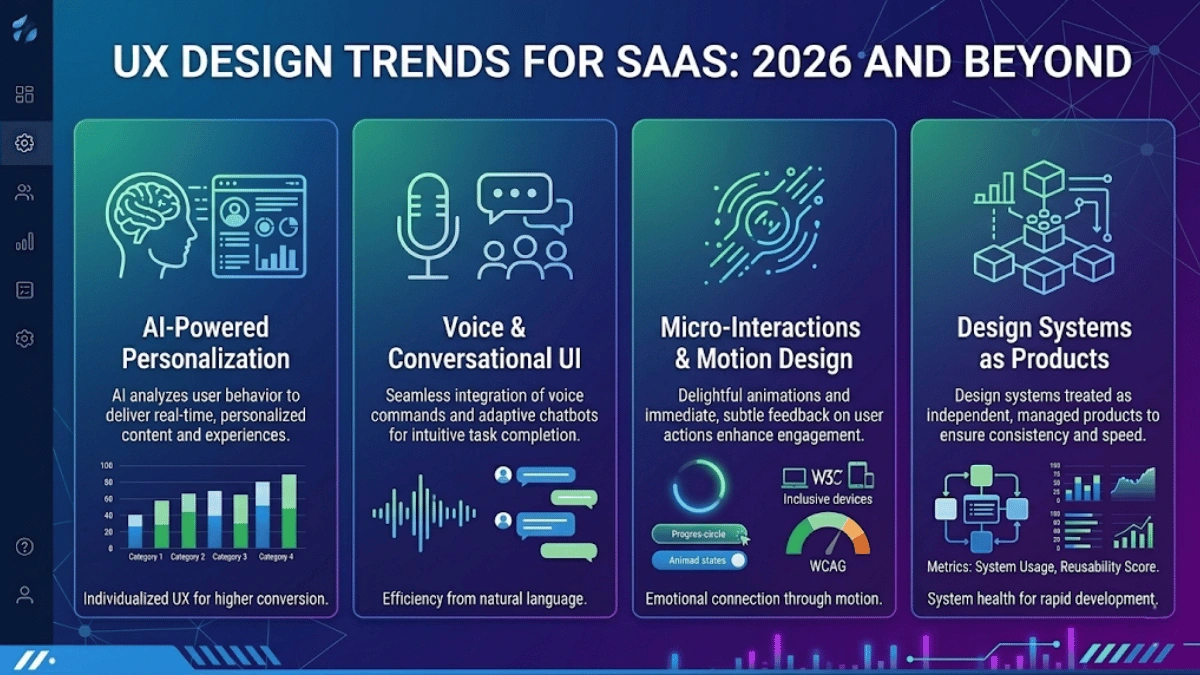 Future SaaS UX design trends for 2026 including AI personalization voice UI micro-interactions accessibility first design and design systems.