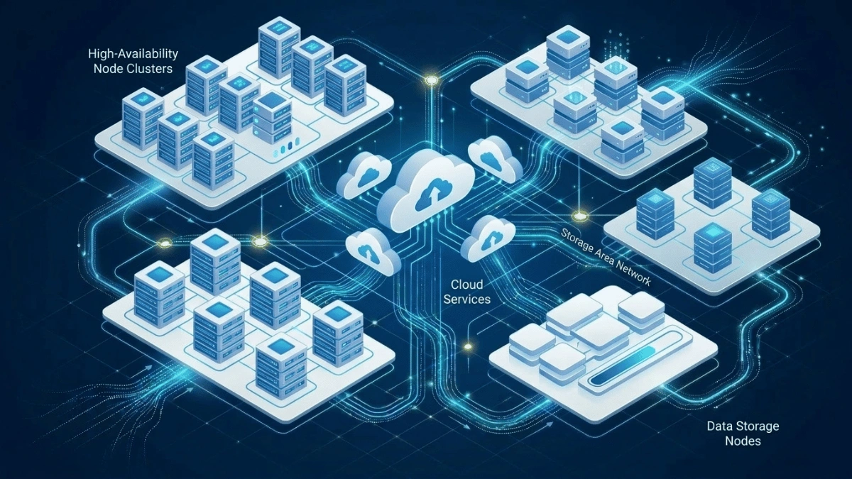 Cloud computing architecture showing scalable infrastructure with connected systems and data flow