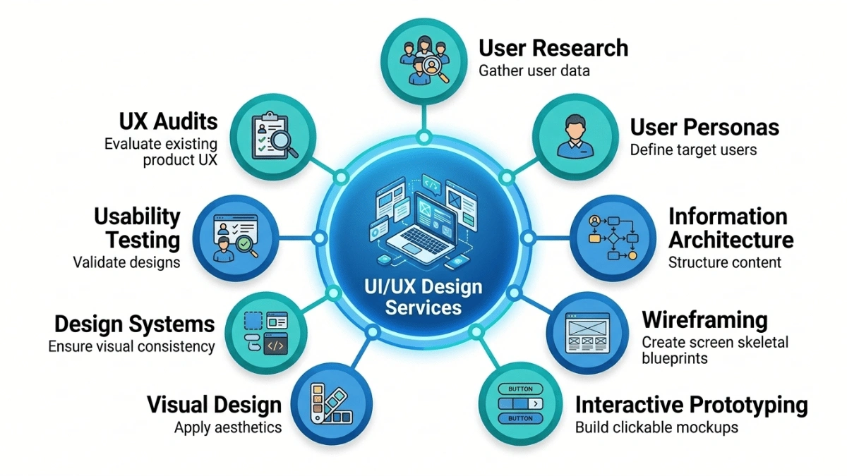 UI UX design services components including user research wireframing prototyping usability testing visual design and design systems.