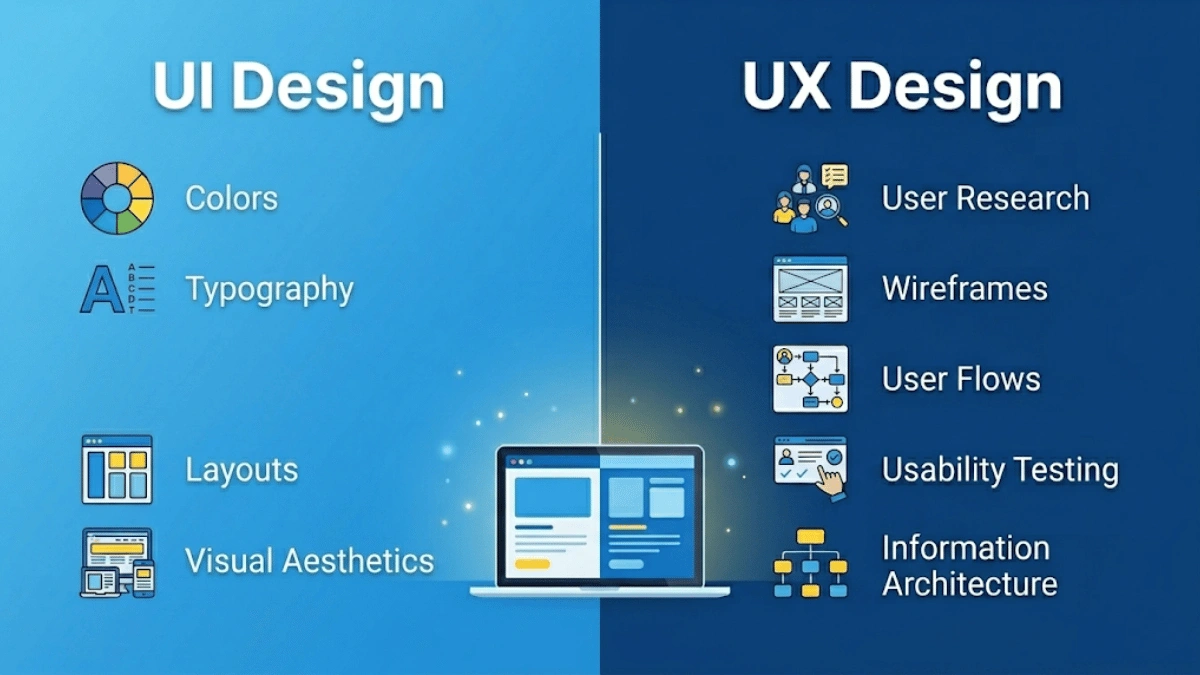 Infographic comparing UI design and UX design showing visual layer versus experience layer in SaaS product development.