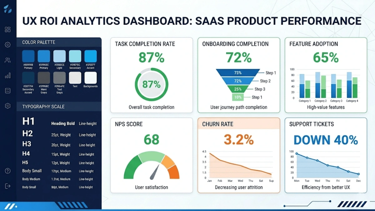 UX design ROI measurement dashboard showing key SaaS metrics including task completion rate onboarding rate feature adoption NPS churn and support tickets.