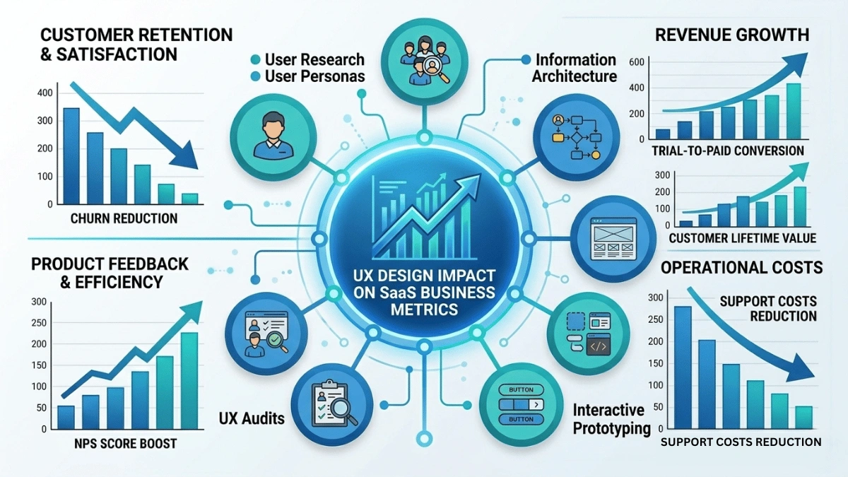 How UX design impacts SaaS business metrics including churn reduction conversion rates customer lifetime value and NPS scores.