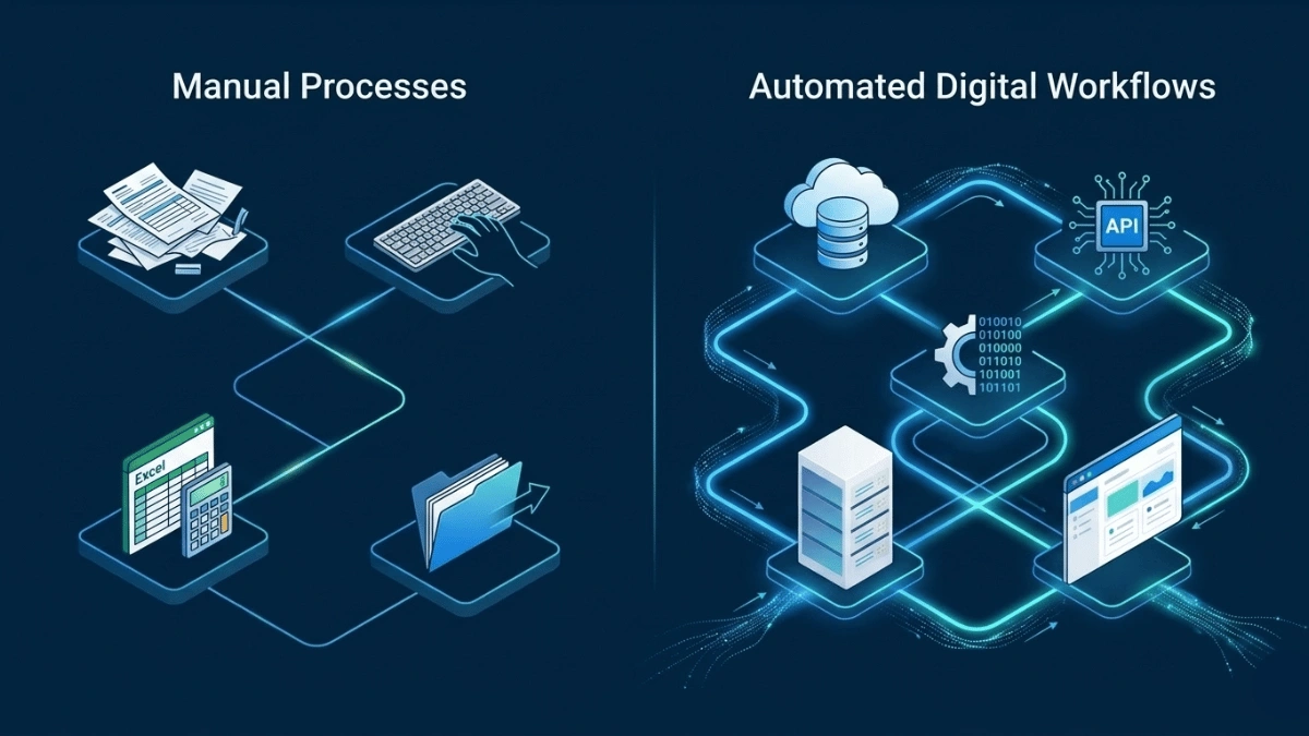 Workflow automation diagram showing manual processes transforming into automated digital systems