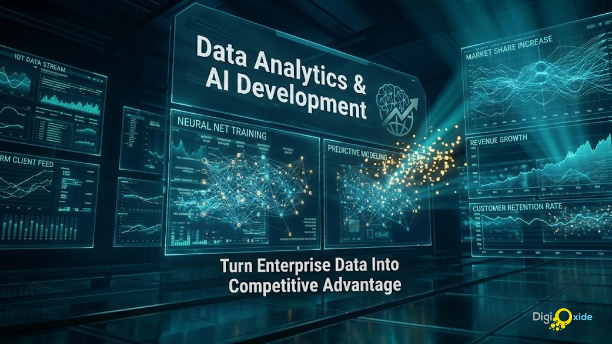Futuristic data visualization room with transparent screens showing neural networks predictive analytics and data streams in teal and navy tones.