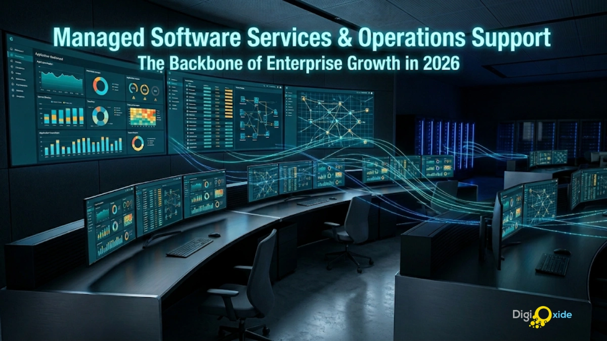 Enterprise operations center with curved monitoring screens showing real-time application health dashboards and network status in teal and amber